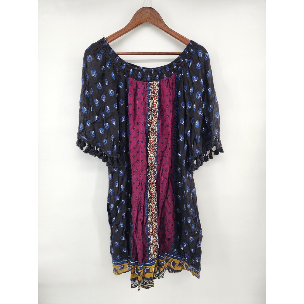Millenium Boho Floral Tassel Trim Off Shoulder Rayon Dress Large